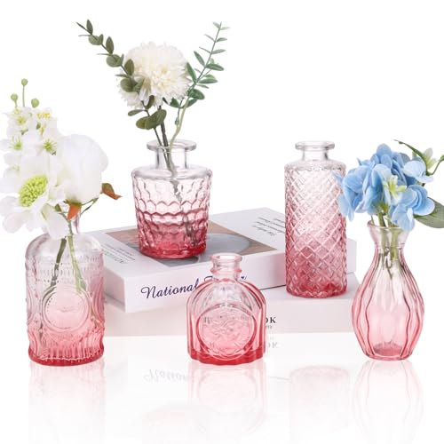 5pcs Pink Glass Bud Vase Set, Small Flower Vases for Centerpieces in Bulk | Mini Vintage Glass Vase for Centerpieces, Decorative Flower Vases for Wedding Home Table Decor - color: Pink, size: 5pcs