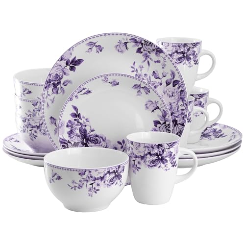 Elama Traditional Rose 16 Piece Porcelain Dinnerwar/Tableware Set, Service for 4 (Purple) - color: Purple, size: 16