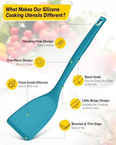 Pack of 4 Silicone Cooking Utensils Set, Non Stick Solid Spatulas and Heat Resistant Slotted Spoons with Back Hooks, Ideal BPA Free Kitchen Utensils Set for Frying,Serving,Turning,Stirring (BLUE) - color: Blue