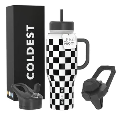 Coldest Tumbler with Handle and Straw, 100% Leak Proof Insulated Tumbler with Lid and Straw (3 Lids), Stainless Steel Tumblers for Women & Men, Cup Holder Friendly, 36 oz (Black Checkers) - color: Black Checkers, size: 36 oz