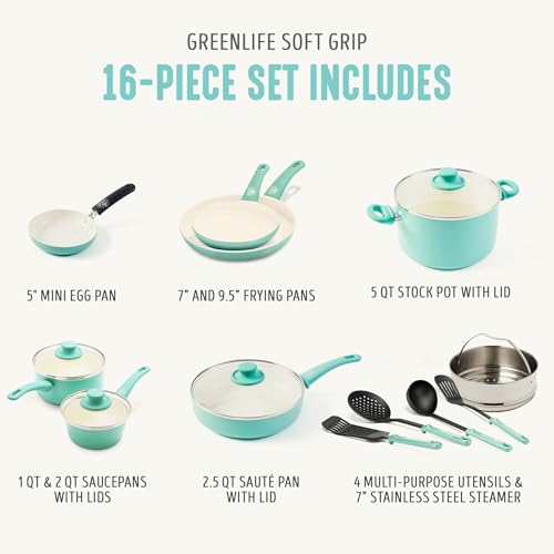 GreenLife 16 Piece Ceramic Nonstick Pots & Pans Cookware Set, Turquoise | PFAS-Free Ceramic Nonstick, Stockpot, Frying Pans, Saucepans, Sauté Pan, Stay-Cool Handles, Dishwasher & Oven Safe up to 350F - color: Mint Green, style: Soft Grip