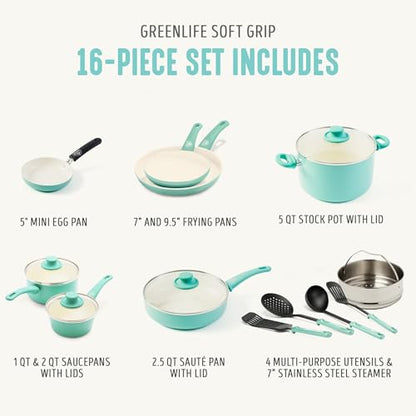 GreenLife 16 Piece Ceramic Nonstick Pots & Pans Cookware Set, Turquoise | PFAS-Free Ceramic Nonstick, Stockpot, Frying Pans, Saucepans, Sauté Pan, Stay-Cool Handles, Dishwasher & Oven Safe up to 350F - color: Mint Green, style: Soft Grip