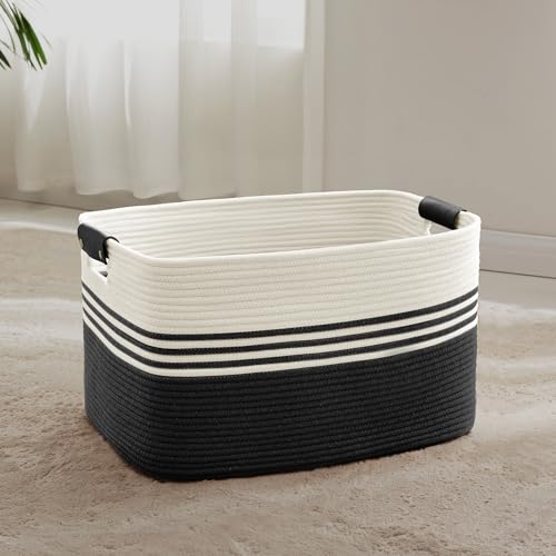 60L Woven Laundry Basket Hamper with Leather Handles,Black | collapsible wicker hamper, storage for dirty clothes, toys, blankets, gifts, living room, bedroom, bathroom, 21"x15"x11" - color: Black, size: 60L