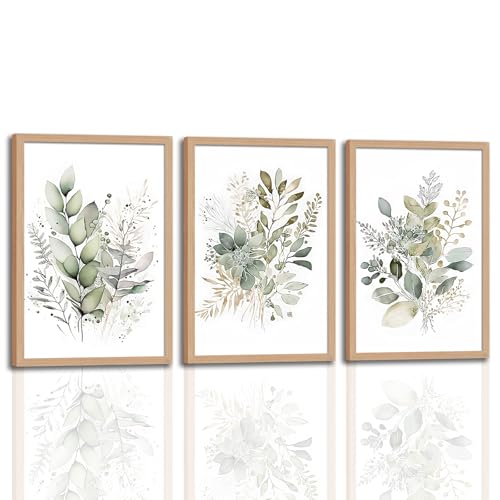 3Pcs Framed Sage Green Botanical Wall Art, Watercolor Canvas Prints Modern Green Plant White Floral Decor for Bedroom Living Room Bathroom Nursery, Ready to Hang wooden frame 12x16In - color: Sage Green Botanical 3pcs, size: 12x16 Inches