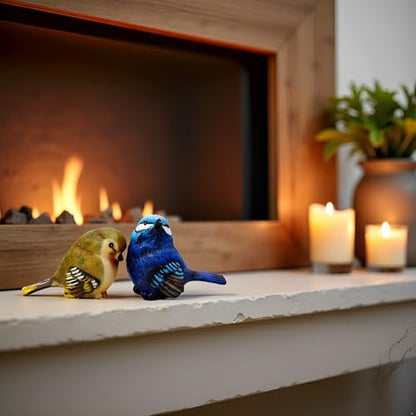 Resin Bird Figurines Set of 2, 2.4 Inch Grumpy Bird Decor | Hand-painted cobalt blue and olive-yellow birds, 2.6 oz each, with flat bases for stable indoor and outdoor display