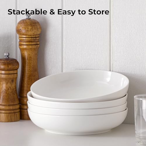 YHY Pasta Bowls Set of 4, 22 oz Ceramic Salad Plates, 7.8 Inch Wide Shallow Porcelain Dishes for Dinner, Microwave & Dishwasher Safe, White - size: 7.8 inches