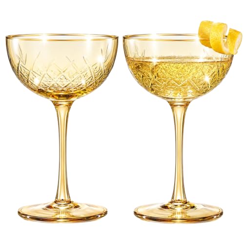 Vintage Art Deco Coupe for Champagne, Martini, Cocktails | Set of 2 | 7 oz Classic Cocktail Glassware - Manhattan, Cosmopolitan, Sidecar, Crystal Speakeasy Style Saucer Goblets with Stems (Yellow) - color: Coupe Yellow, size: Set of 2
