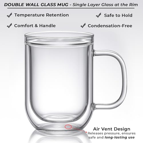 Aquach 16oz Double Walled Glass Coffee Mugs Set of 2, Insulated Teacups | Dishwasher/Microwave Safe, Borosilicate Glass, Double-walled, Smooth Rim, Comfort Handle, Sweat-proof Grip