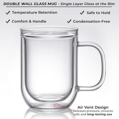 Aquach 16oz Double Walled Glass Coffee Mugs Set of 2, Insulated Teacups | Dishwasher/Microwave Safe, Borosilicate Glass, Double-walled, Smooth Rim, Comfort Handle, Sweat-proof Grip