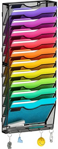 Gawerk Hanging Wall File Organizer, 12+1 Tier | 5 Hooks, Wall Mounted, Sturdy Mesh, For Office Home - size: 12+1 Tier