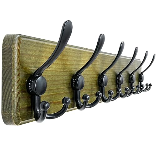 Coat Rack Wall Mounted - 24" Long 6 Tri Hooks, Heavy Duty Wooden Wall Coat Hanger Coat Hook for Clothes Hat Jacket Clothing, Weathered Green and Black - color: Weathered Green & Black, size: L=24"