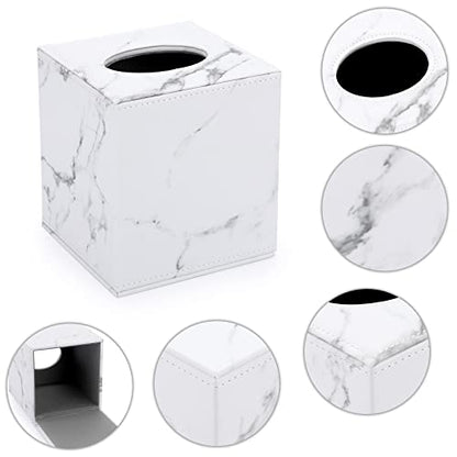 Sumnacon Square Leather Tissue Box Cover - Stylish Cube Tissue Box Holder with Magnetic Bottom, Decorative PU Tissue Box for Vanity Dresser Night Stand Table Countertop Home Office Car, Marble White | Cube Leather Tissue Box Covers,Decorative Tissue Box f