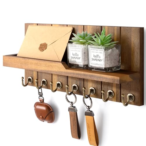 Rebee Vision Acacia Wood Key Holder Wall Mount for Home Decor, Brown | 3.54" x 15" x 7.28", 7 Key Hooks, Floating Shelf, Key Holder for Wall, Coat and Hat Storage, Rustic Home Organization - color: Acacia Wood, size: 15 inches