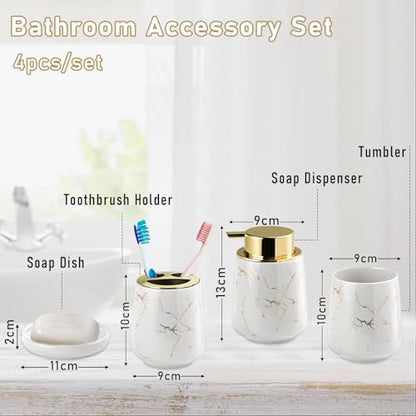 YYW Ceramic Bathroom Accessory Set, Marble Soap Dispenser Washing Set- Hand Lotion Dispenser Pump, Toothbrush Holder,Tumblers, Soap Dish-Refillable Liquid Dispenser (White Four Piece)