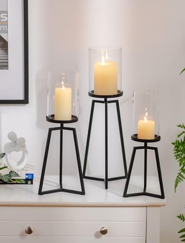 Sziqiqi Pillar Candle Holders Black: Set of 3 Metal Candleholder - Geometric Candle Stands with Hurricane Glass for Indoor Outdoor Dining Table Decor