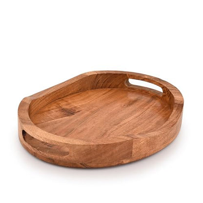Tray Acacia Wood Oval Large Tray with Handle Food Serving Trays for Living Room Home Dining Table (14" X 11" X 2")