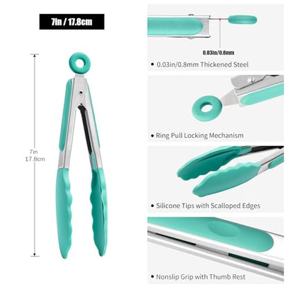 Doosu 7in Kitchen Tong for Cooking - 600°F Heat Resistant Food Tong with Non-Scratch Silicone Tips & 600°F Heat Resistant Silicone Spatula Set of 2 for Kitchen Cooking Baking Stirring (Aqua Sky)