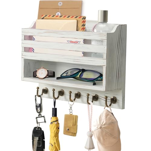 Key Holder Wall Mount with Mail Organizer, 5 Key Hooks, White | Wood Mail Organizer Wall Mounted with 5 Key Hooks & Storage Box and Mail Organizer for Entryway, Apartment, Home and Office - color: White