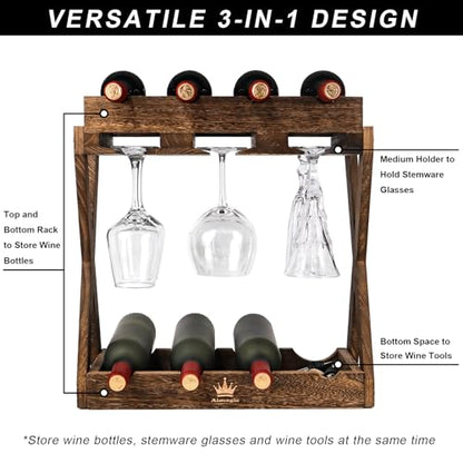 3-in-1 Countertop Wine Rack with Glass Holder | Store 8 Bottles, 6 Stemware Glasses and Wine Tools, Durable Wooden Wine Bottle Holder, Elegant Home Decor
