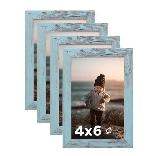 4x6 Picture Frame Turmaline Blue Set of 4, Wooden Photo Frames with Plexiglass for 4x6 without Mat for Table and Wall Display - color: Turmaline Blue, size: 4x6