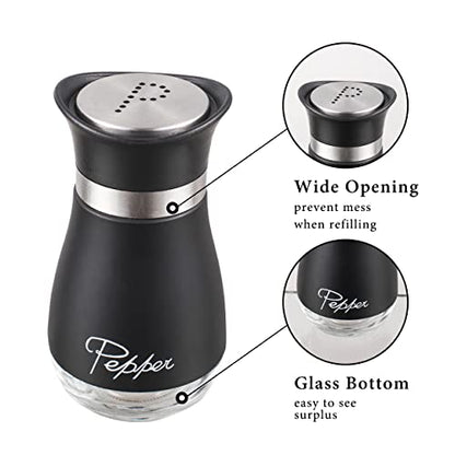 Lonffery Salt and Pepper Shakers Set | Stainless Steel with Glass Bottle for Table, RV, Camp, BBQ, Set of 2, Black - color: Matte Black