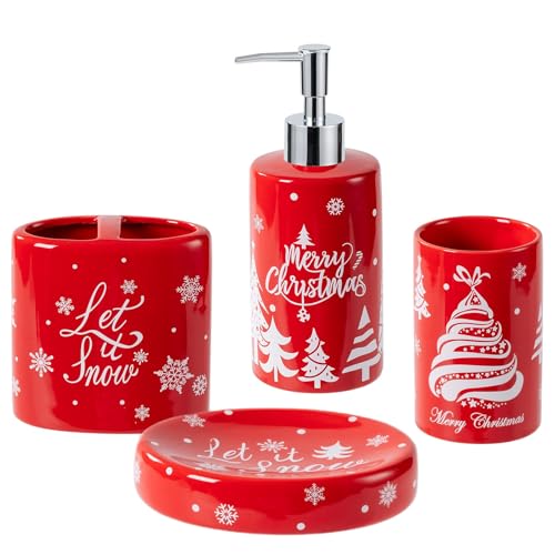 Christmas Bathroom Accessories Set, 4-Piece Ceramic Bathroom Accessory Set Include Lotion Dispenser, Toothbrush Holder Tumbler, and Soap Dish (Red) - color: Red