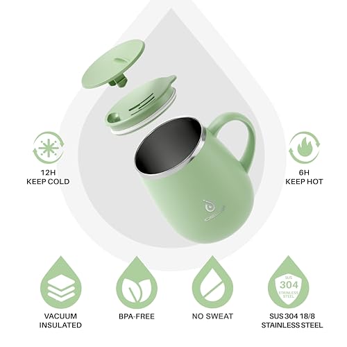 Ideus 16 oz Insulated Coffee Mug with Handle and Lid, Double Wall Stainless Steel Vacuum Thermal Coffee Mug, Travel Coffee Cup Thermal Cup for Home and Office (Avocado Green 2.0, FUJI DAWN) - color: Avocado Green 2.0