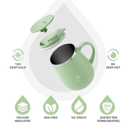 Ideus 16 oz Insulated Coffee Mug with Handle and Lid, Double Wall Stainless Steel Vacuum Thermal Coffee Mug, Travel Coffee Cup Thermal Cup for Home and Office (Avocado Green 2.0, FUJI DAWN) - color: Avocado Green 2.0