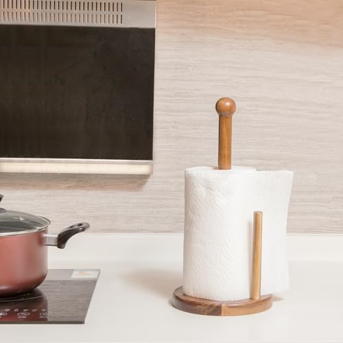 14" Acacia Wooden Paper Towel Holder, Wooden Paper Towel Roll Stand 6.7" Large Heavy Base Organizer Standing, Rustic Farmhouse Paper Towel Holder Stand, Paper Towel Roll Holders Free Standing - color: Double Stick