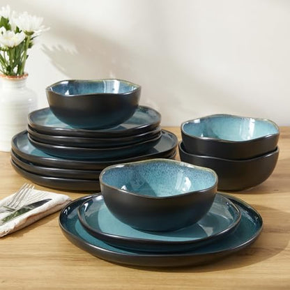 Stoneware Dinnerware Sets, Kitchen Plates and Bowls Set, Ceramic Dish Set for 4, Modern Chip & Scratch Resistant Dishware Sets, Durable Reactive Glaze Dinner Set, Green Black - color: Green Black, size: Set (12pcs)