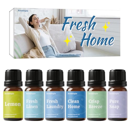Diffuser Fragrance Oils, Aromtopia Essential Oils for Diffusers for Home, 6x10ml Fresh Home Set, Clean Scents for Candle Soap Making, Dryer Ball, Fresh Linen, Crisp Breeze, Fresh Laundry, Lemon