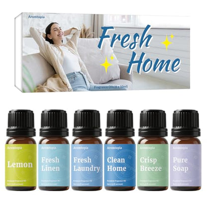 Diffuser Fragrance Oils, Aromtopia Essential Oils for Diffusers for Home, 6x10ml Fresh Home Set, Clean Scents for Candle Soap Making, Dryer Ball, Fresh Linen, Crisp Breeze, Fresh Laundry, Lemon