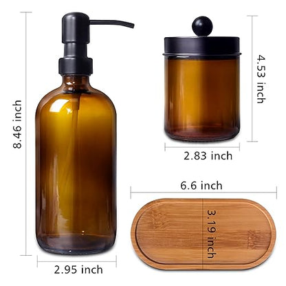 Glass Bathroom Accessory 5 Pcs | 2 Pcs 16oz Amber Soap Dispensers with Stainless Steel Pumps, 2 Pcs Qtip Holder Dispensers with Labels & Bamboo Tray