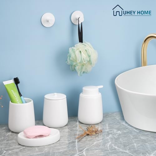Ceramic Bathroom Accessories Set 6 Pcs, White Bathroom Accessory Set Includes Foaming Soap Dispenser with Rust-Proof Plastic Pump, Bathroom Cup, Qtip Holder, Soap Dish, 2Pcs Adhesive Hooks for Home - size: 6pcs-Foam