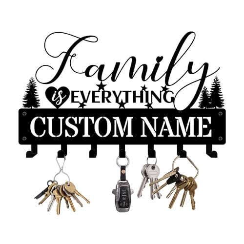 NIWAHO Personalized Key Holder Wall Mount - Family is Everything Home Decor Metal Key Rack with Multiple Hooks, Custom Name Wall Hanger for Entryway, Housewarming Gift - color: Family is Everything
