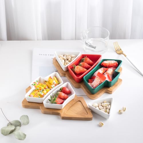 Colorful Christmas Tree Plate Chip & Dip Set, 12'' Ceramic Snack Plate with Bamboo Tray, Removable Porcelain Christmas Tree Appetizer Dessert Fruit Salad Saucers Bowl Cutlery Platter Serving Dish