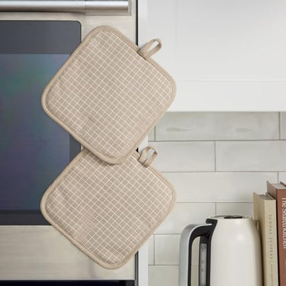 KITCHENAID Gourmet Series Gridlines Pot Holders 2-Pack Set, Heat Resistant up to 600°F, Soft Silicone Grip, Magnetic Cuff, Milkshake Tan, 8"x8" - color: Milkshake Tan