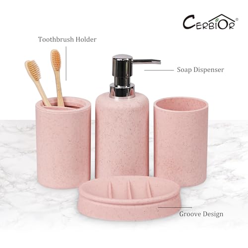 CERBIOR Bathroom Accessories Set 6 Piece Wheat Straw Bath Ensemble,Pink | Includes Soap Dispenser,Tooth Brush Holder,Toothbrush Cup, Soap Dish for Decorative Countertop and Housewarming Gift - style: Pink