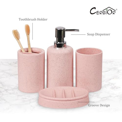 CERBIOR Bathroom Accessories Set 6 Piece Wheat Straw Bath Ensemble,Pink | Includes Soap Dispenser,Tooth Brush Holder,Toothbrush Cup, Soap Dish for Decorative Countertop and Housewarming Gift - style: Pink