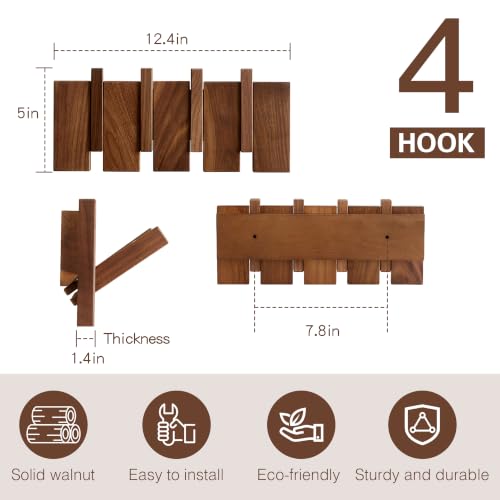 Wooden Coat Hooks Wall Mounted, Coat Rack Hanger Wall Mount with 4 Hooks, Heavy Duty Coat Hooks for Hanging Coats/Keys/Hats/Robe&Towels/Plants/Bags, Home Decor Gift, Walnut - size: 4 Hooks