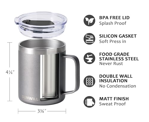 SUNWILL Travel Coffee Mug with Lid, Insulated Tumbler with Handle, 14 oz Stainless Steel Cup for Ice, Water, Tea, Cool Grey - color: Cool Gray