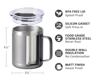 SUNWILL Travel Coffee Mug with Lid, Insulated Tumbler with Handle, 14 oz Stainless Steel Cup for Ice, Water, Tea, Cool Grey - color: Cool Gray