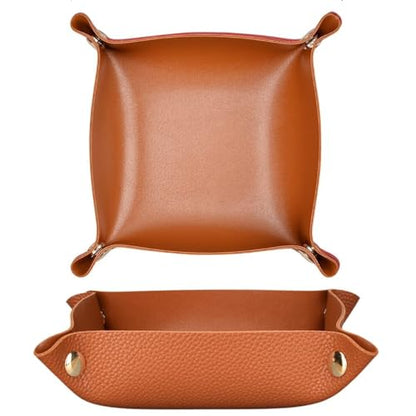 2 pcs Key Tray Jewelry Tray Leather Valet Tray for entryway Table Leather Desk Organizer Catch All Trays Candy Holder Sundries Tray Desk Catchall Travel Dish Plate (Brown) - color: Brown