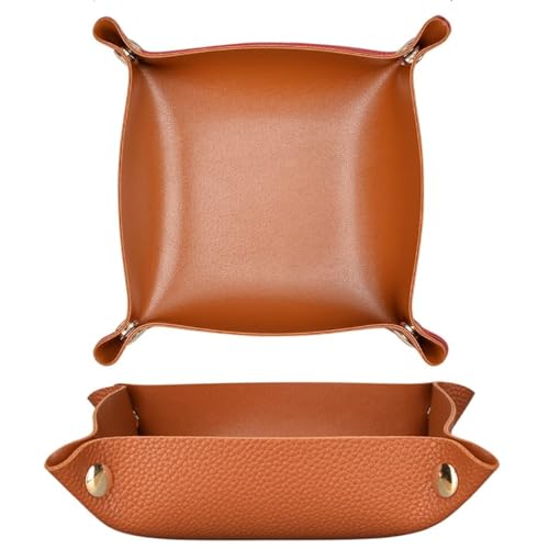 2 pcs Key Tray Jewelry Tray Leather Valet Tray for entryway Table Leather Desk Organizer Catch All Trays Candy Holder Sundries Tray Desk Catchall Travel Dish Plate (Brown) - color: Brown