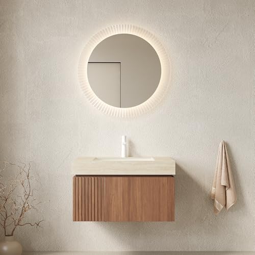 30" Floating Bathroom Vanity with Sink, MURI Wall Mounted Plywood Cabinet, Sintered Stone Countertop, Ceramic Basin with 1 Faucet Hole, Drawer & Door Storage, Pre-Assembled, Beige Top Brown Oak - color: Brown Oak,beige Travertine-pattern Top, size: 30"+Be