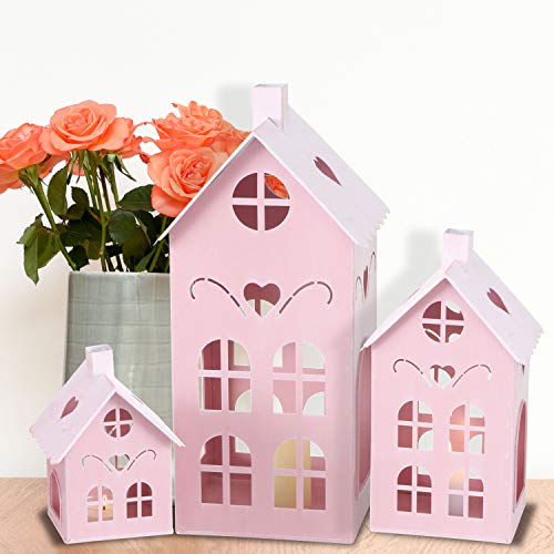 Pop Pink Town House Candle Lanterns, Set of 3, Metal, 15.75, 10.25, and 6 Inches Tall, - color: Pink