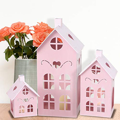 Pop Pink Town House Candle Lanterns, Set of 3, Metal, 15.75, 10.25, and 6 Inches Tall, - color: Pink