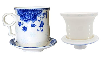 Porcelain Tea Cup with Infuser Lid and Saucer Sets - Chinese Jingdezhen Ceramics Coffee Mug Teacup Loose Leaf Tea Brewing System for Home Office - color: National Beauty Blue and White
