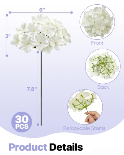 30 Pcs White Hydrangea Artificial Flowers, Silk Hydrangea Flowers | Long Stems fake white flowers ideal for wedding aisle decor, floral centerpieces, garden arrangements, everyday home