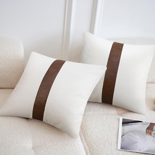 Farmhouse Decorative Throw Pillow Covers 22x22 inch Set of 2 White and Brown Faux Leather Pillow Covers Accent for Couch Sofa Bedroom Livingroom,Modern Boho Decor - color: White, size: 22" x 22" (Pack of 2)